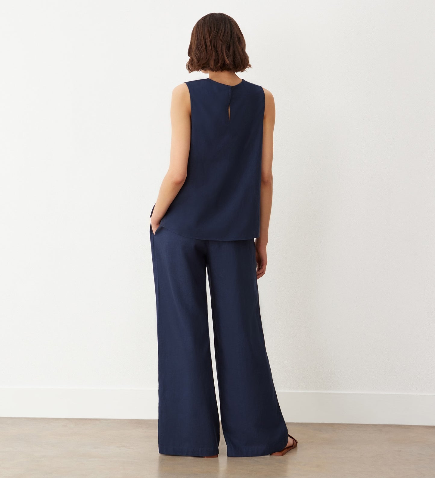 Drew Indigo Wide Leg Linen Mix Trousers