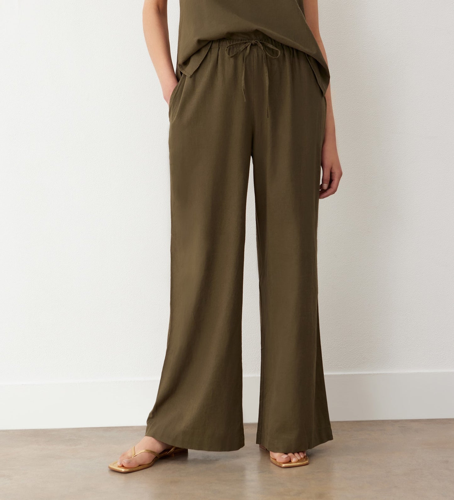 Drew Khaki Wide Leg Linen Mix Trousers