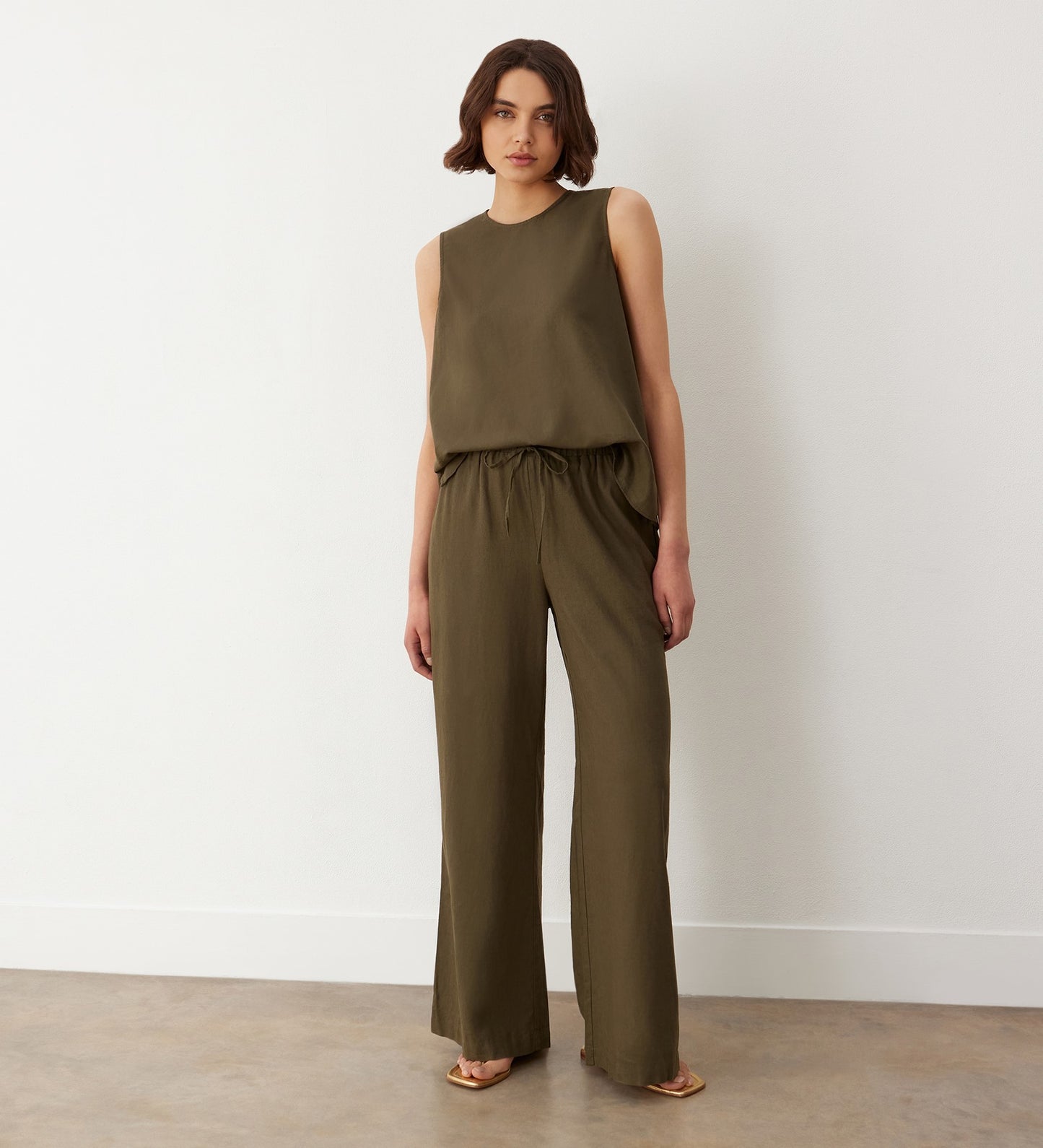 Drew Khaki Wide Leg Linen Mix Trousers