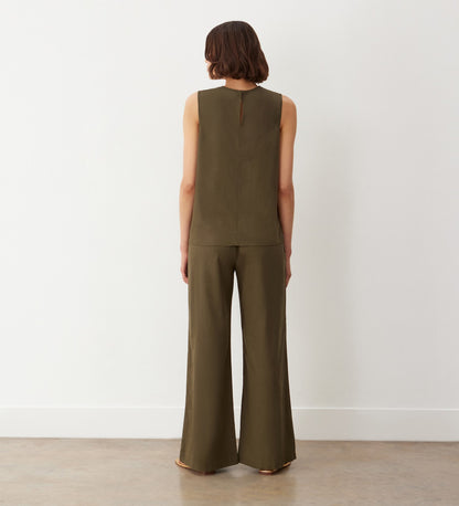 Drew Khaki Wide Leg Linen Mix Trousers