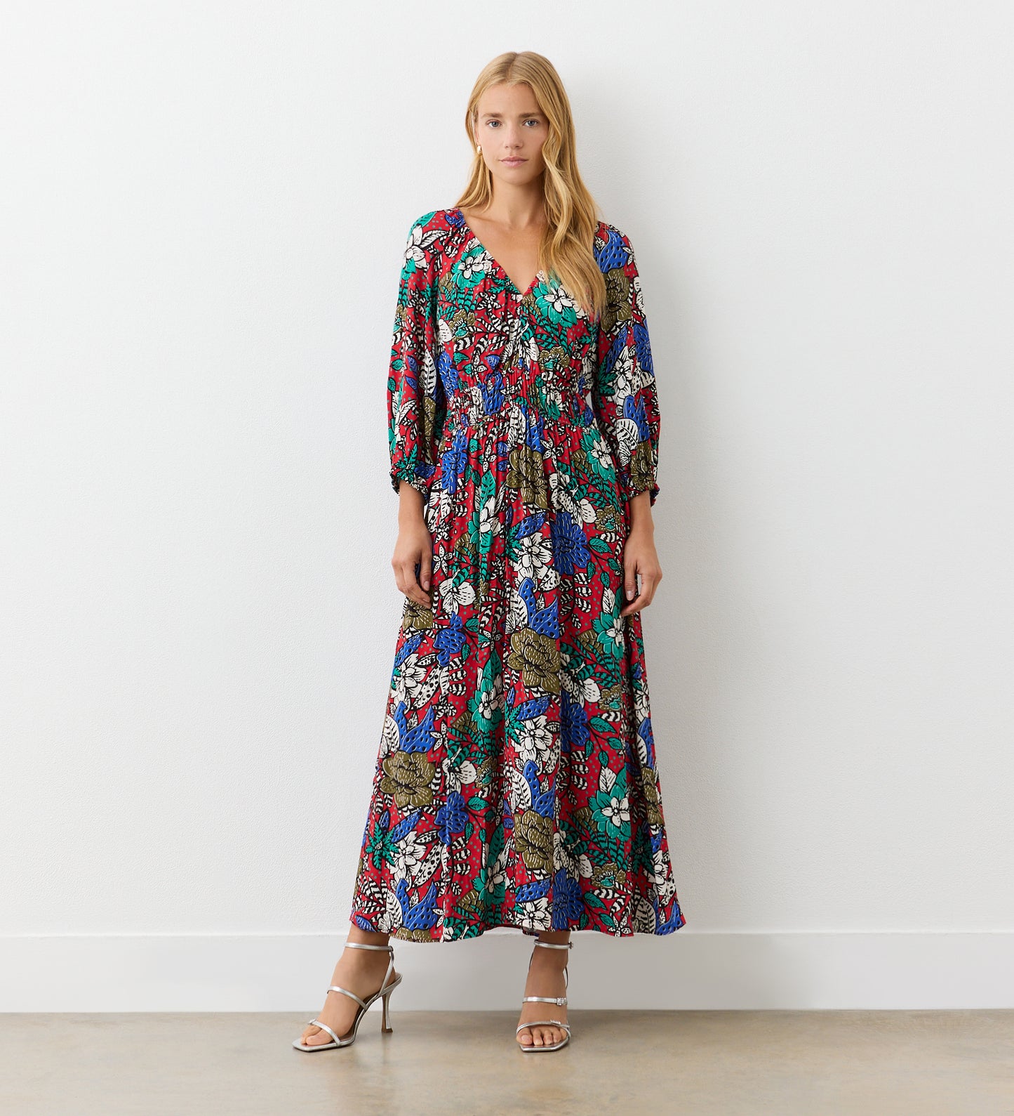 Piper Red Floral Crepe Midi Tea Dress