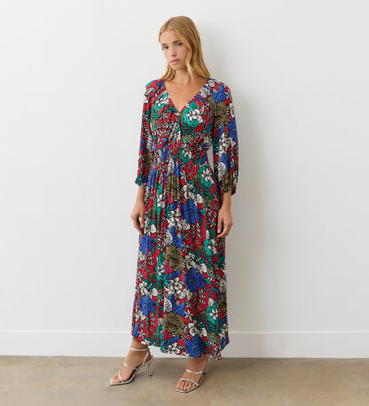 Piper Red Floral Crepe Midi Tea Dress