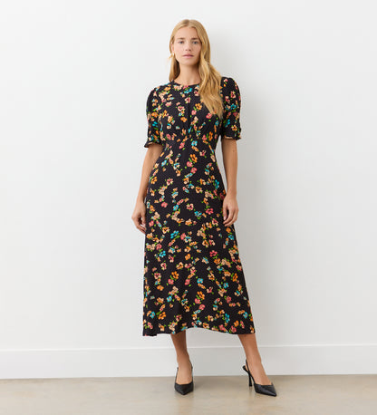 Prue Black Floral Crepe Midi Dress