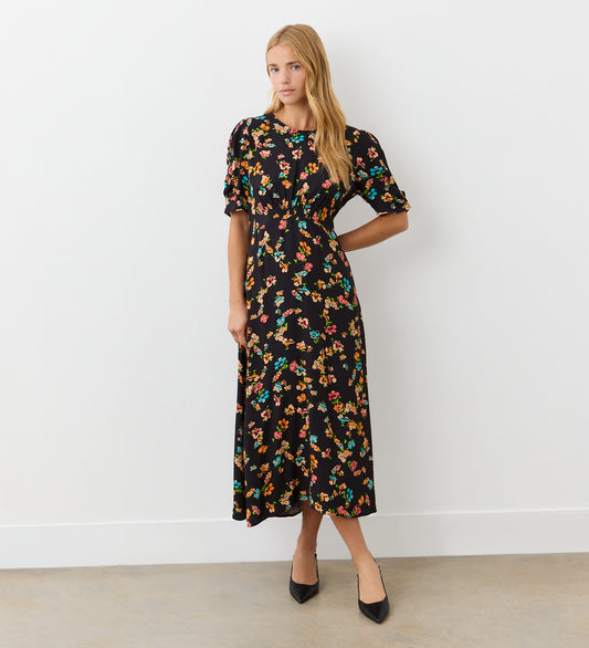 Prue Black Floral Crepe Midi Dress