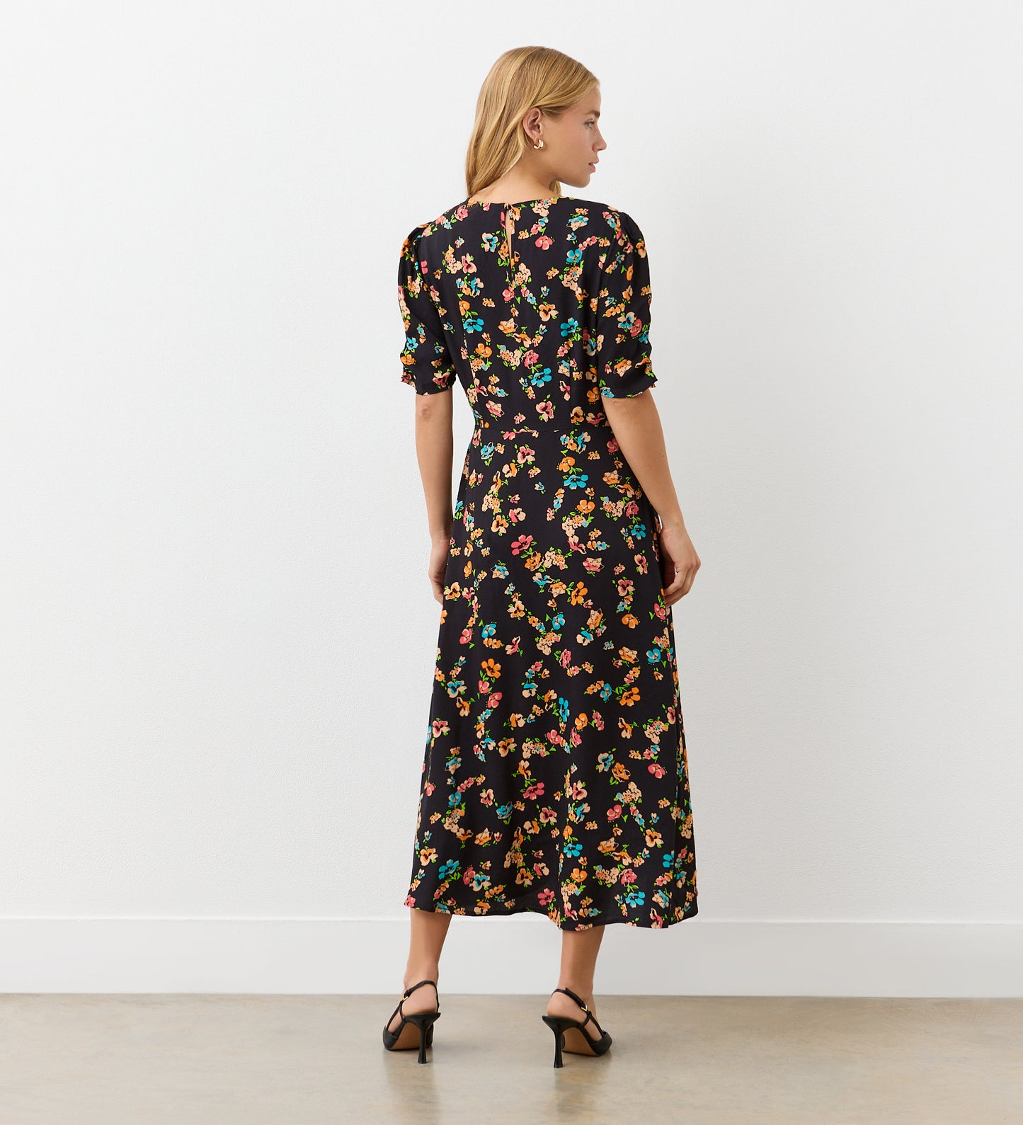 Prue Black Floral Crepe Midi Dress