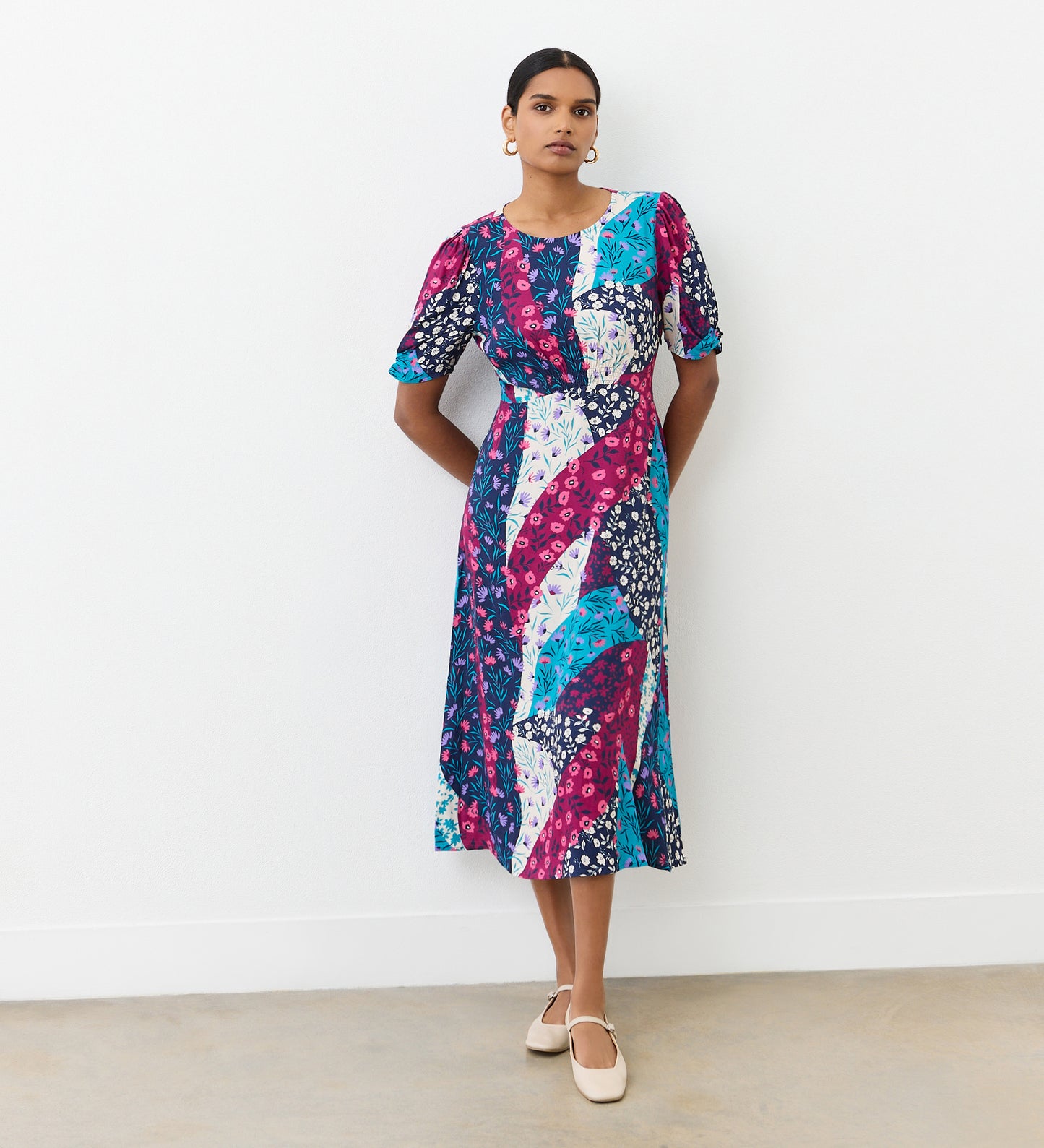 Prue Magenta Patchwork Floral Crepe Midi Dress