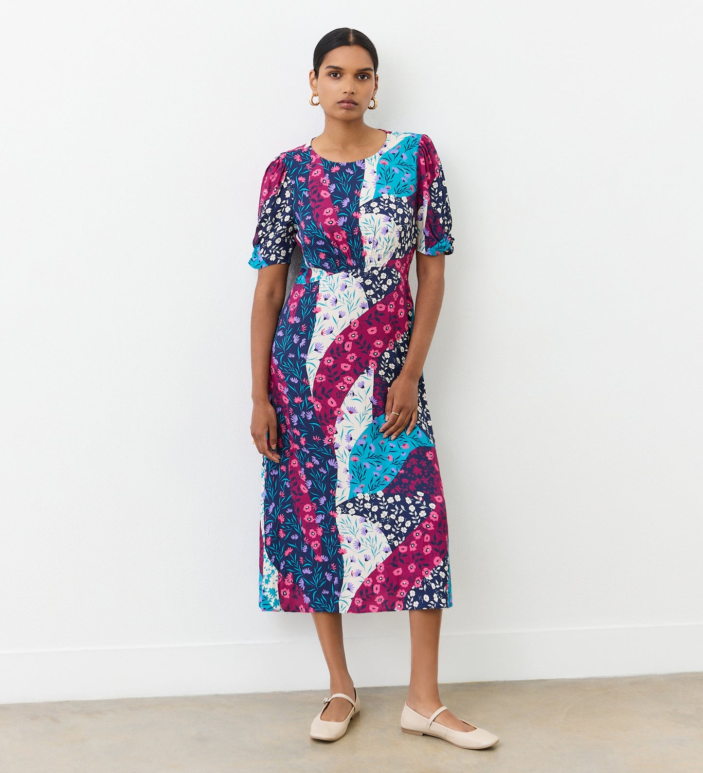 Prue Magenta Patchwork Floral Crepe Midi Dress