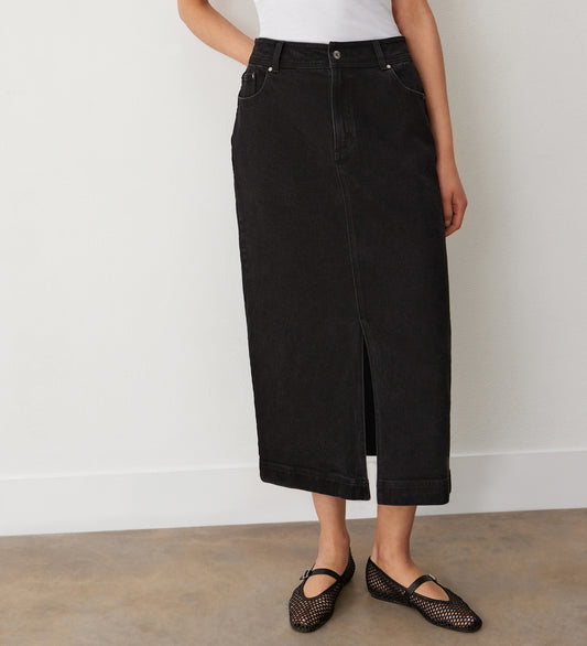 Rachel Black Cotton Rich Denim Midi Skirt