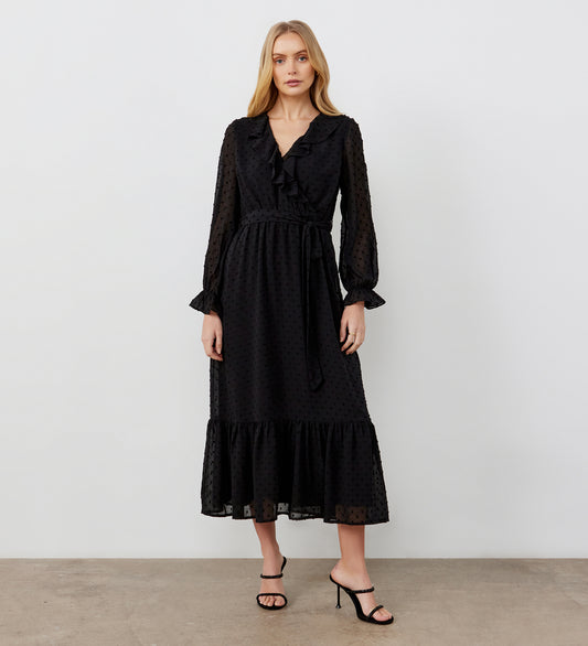 Rosalie Black Chiffon Midi Wrap Dress