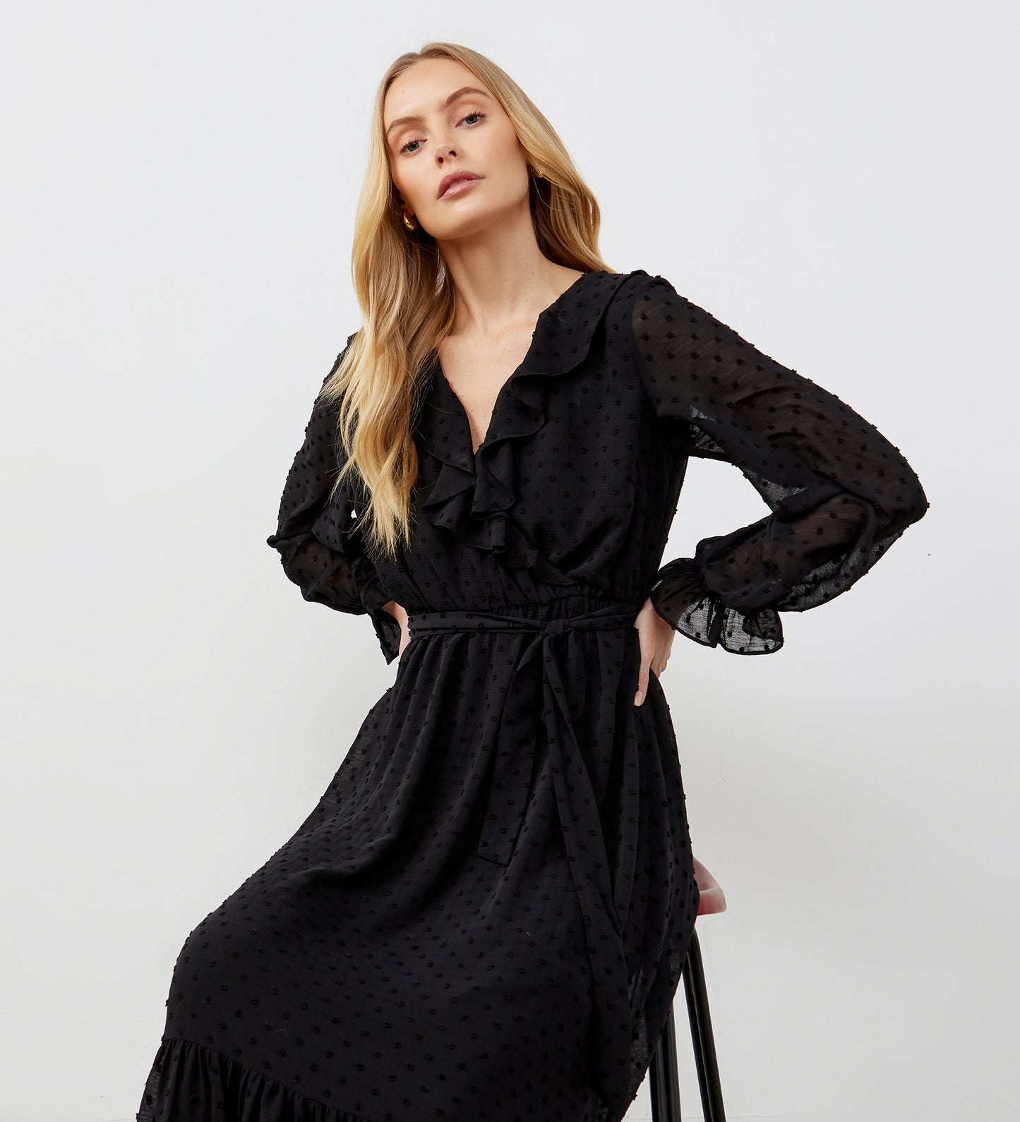 Rosalie Black Chiffon Midi Wrap Dress