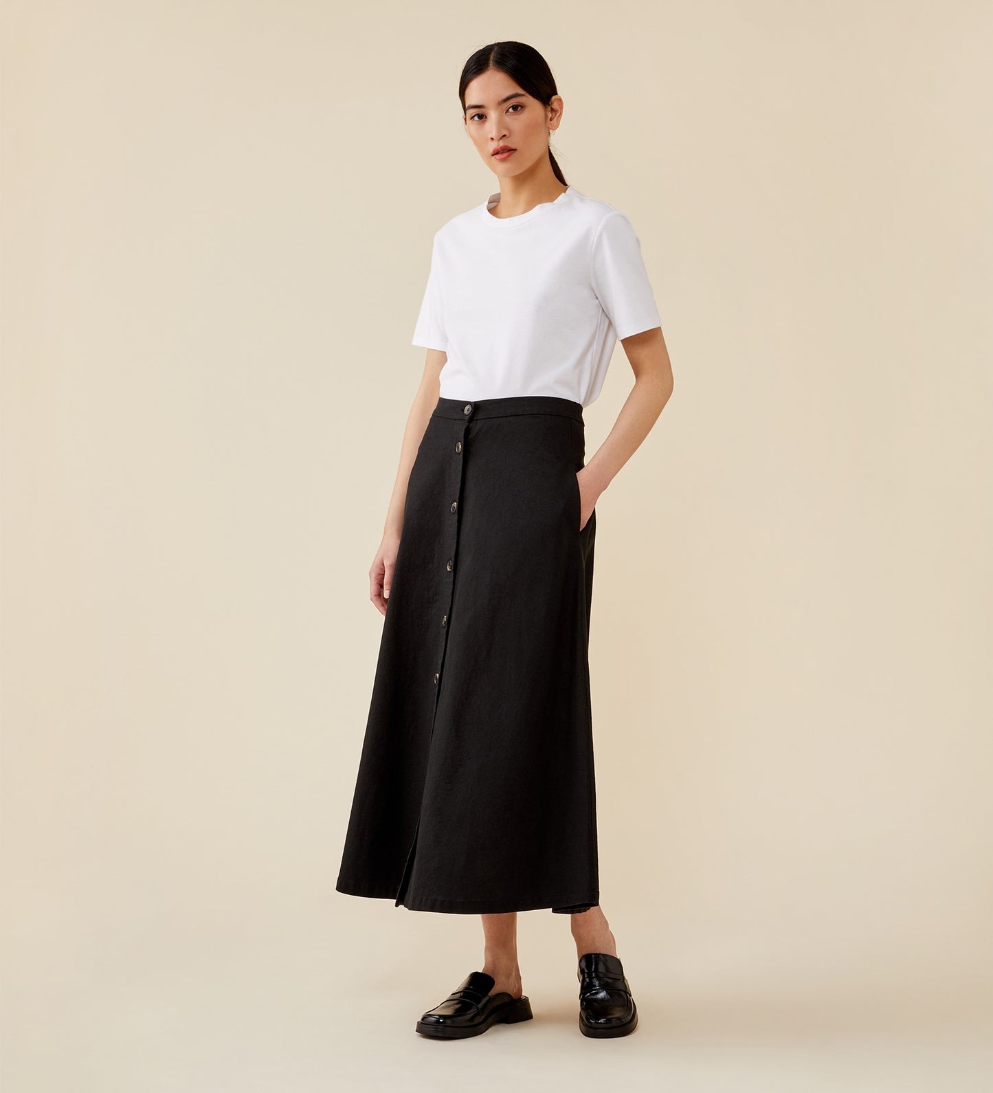 Ellis Linen Blend Black Midi Skirt