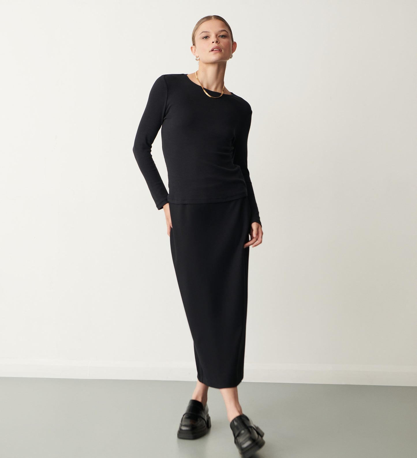 Ives Black Ponte Jersey Midi Skirt