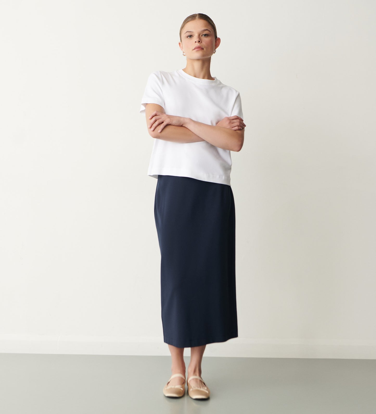 Ives Navy Ponte Jersey Midi Skirt