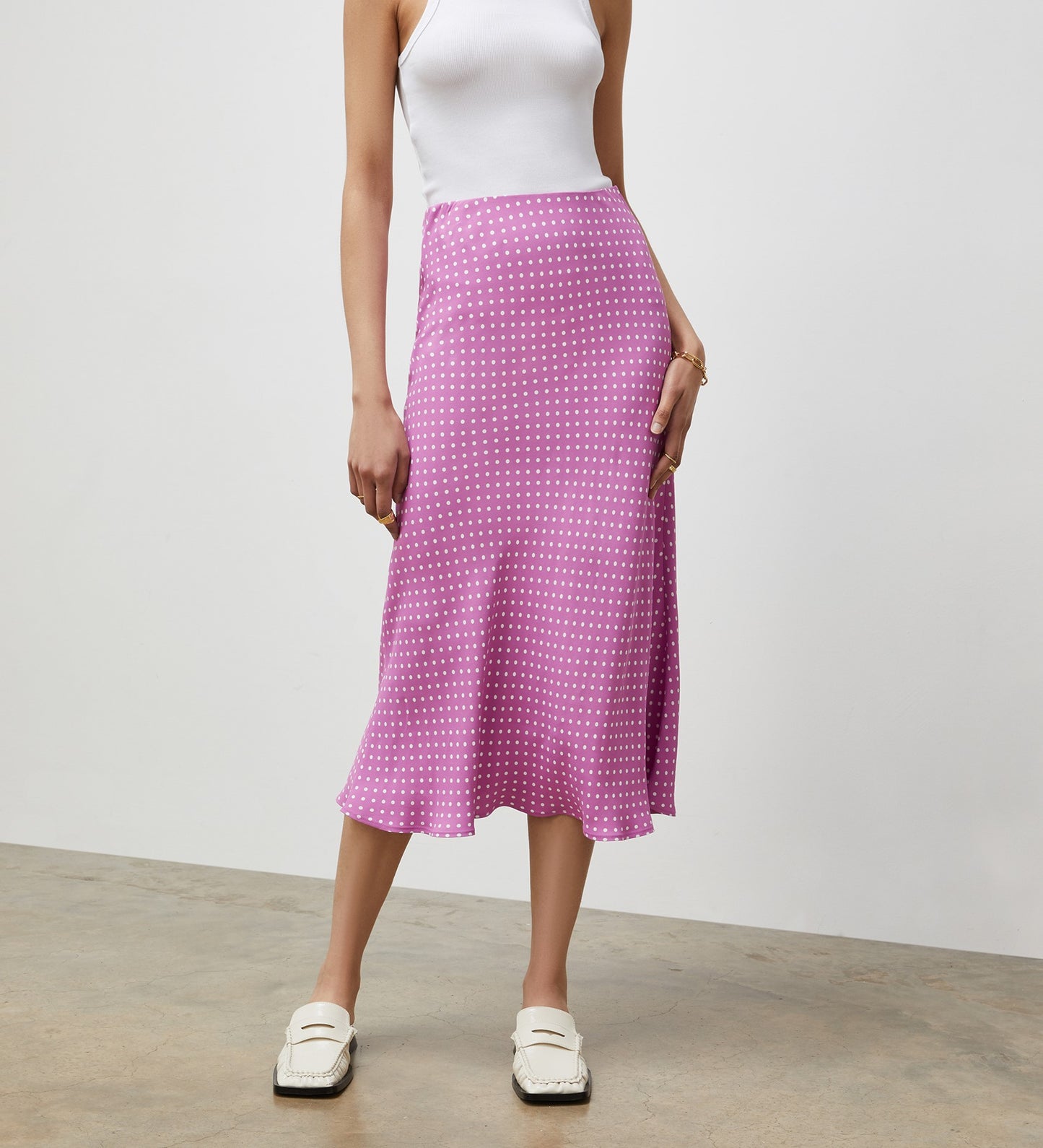 Evelyn Pink Polka Dot Midi Skirt