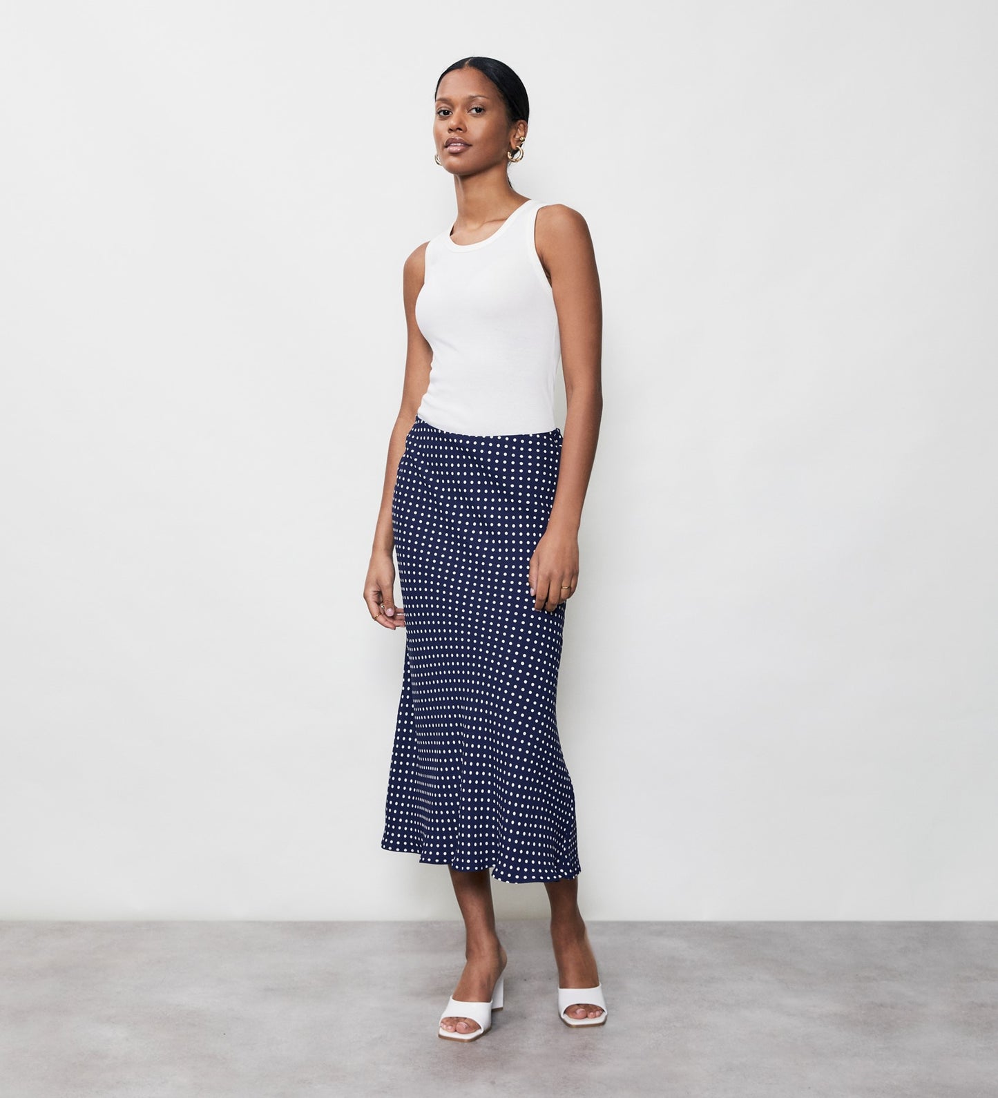 Evelyn Navy Spot Midi Skirt