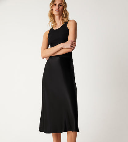 Evelyn Black Satin Midi Skirt