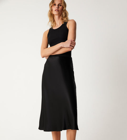 Evelyn Black Satin Midi Skirt