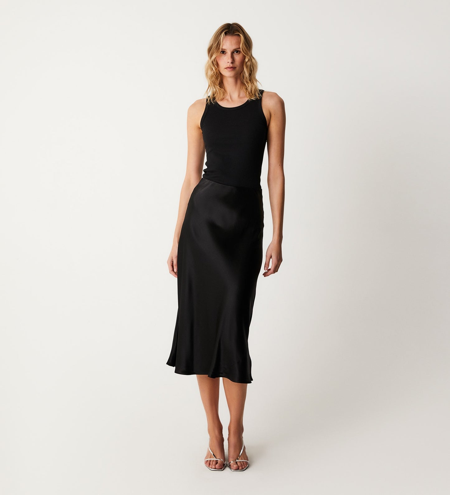 Evelyn Black Satin Midi Skirt