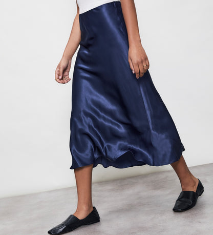 Evelyn Navy Satin Midi Skirt