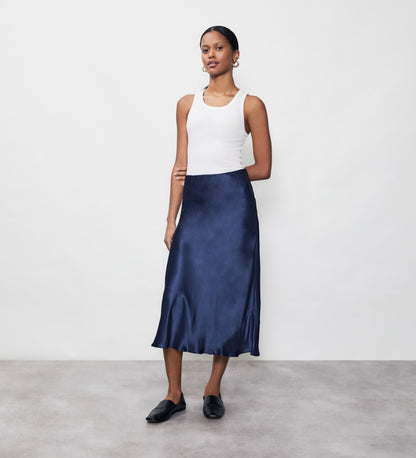 Evelyn Navy Satin Midi Skirt