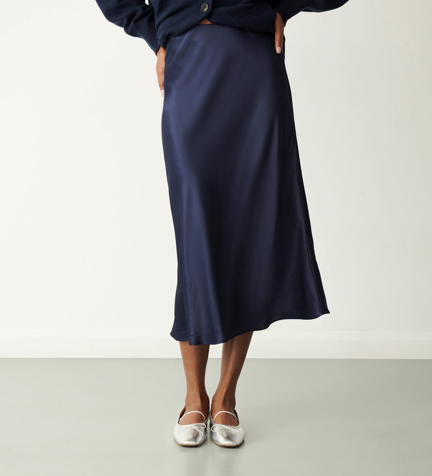 Evelyn Navy Satin Midi Skirt