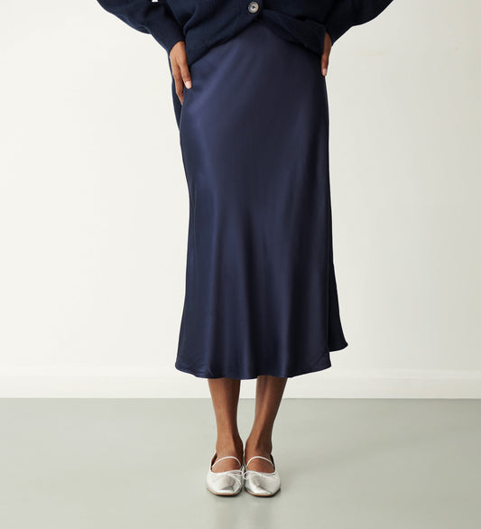 Evelyn Navy Satin Midi Skirt