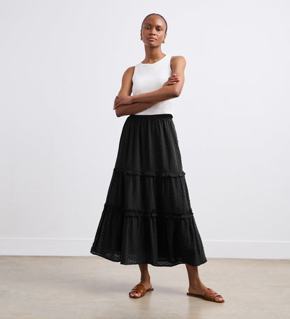 Everley Black Tiered Midi Skirt