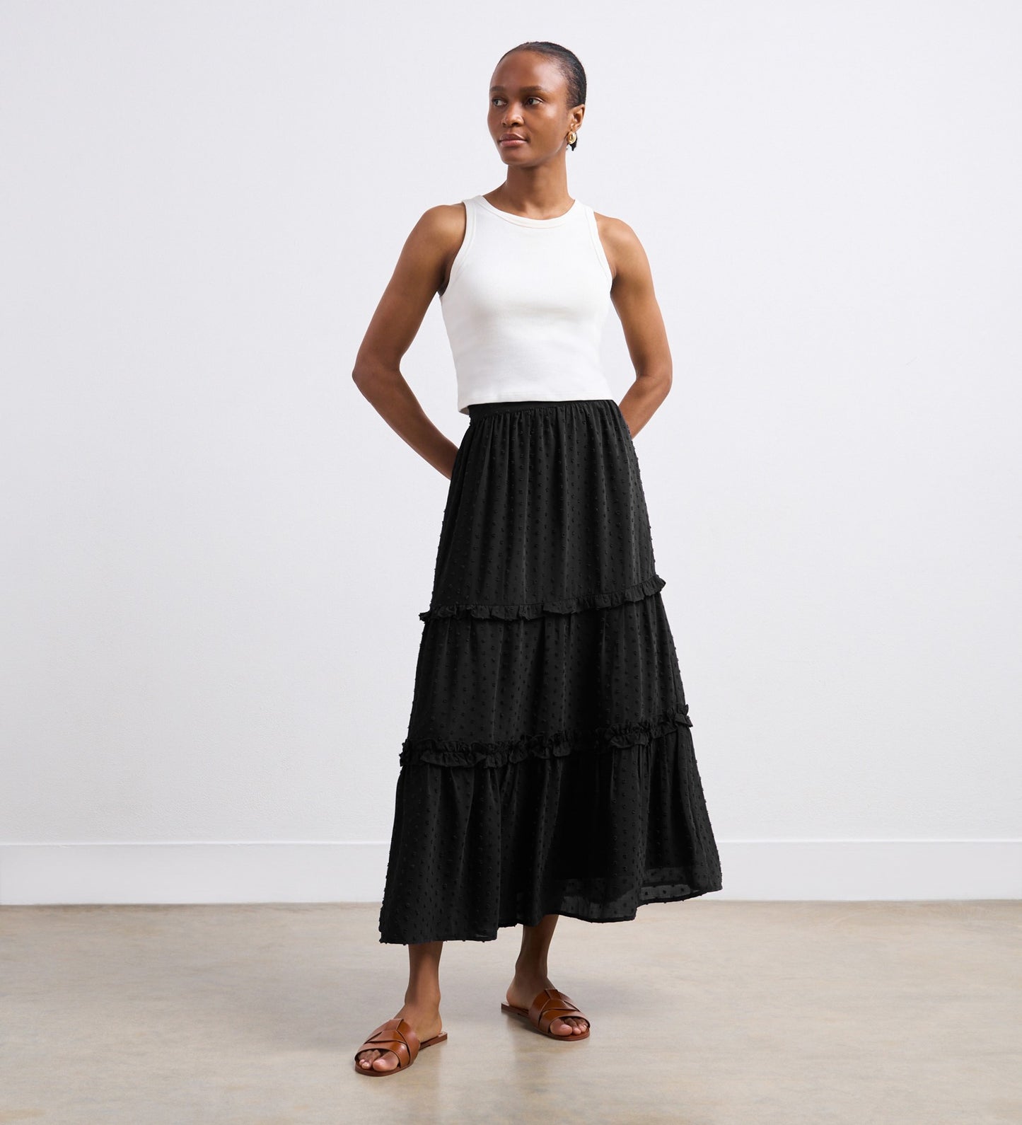 Everley Black Tiered Midi Skirt