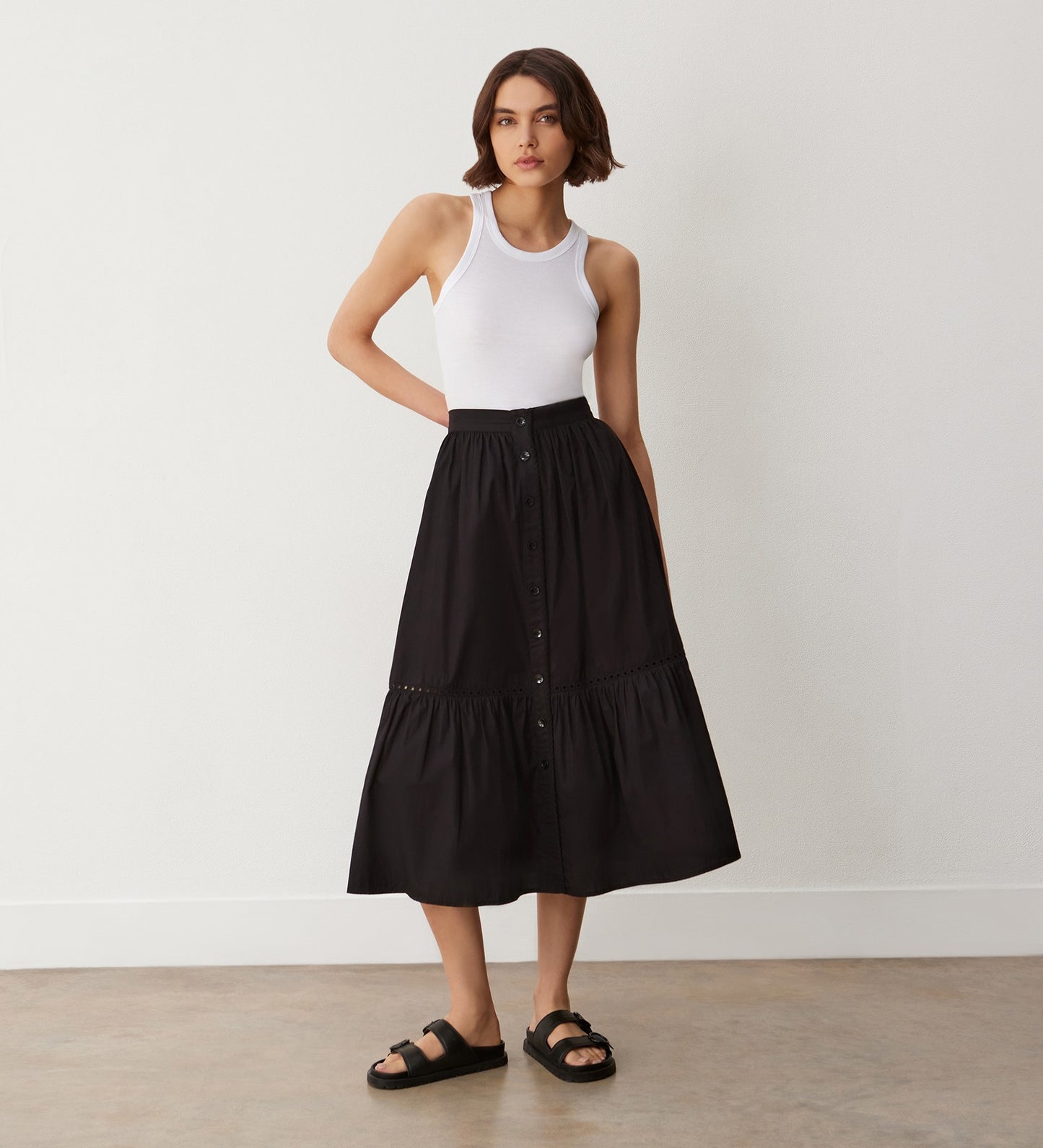 Maura Black Cotton Midi Skirt