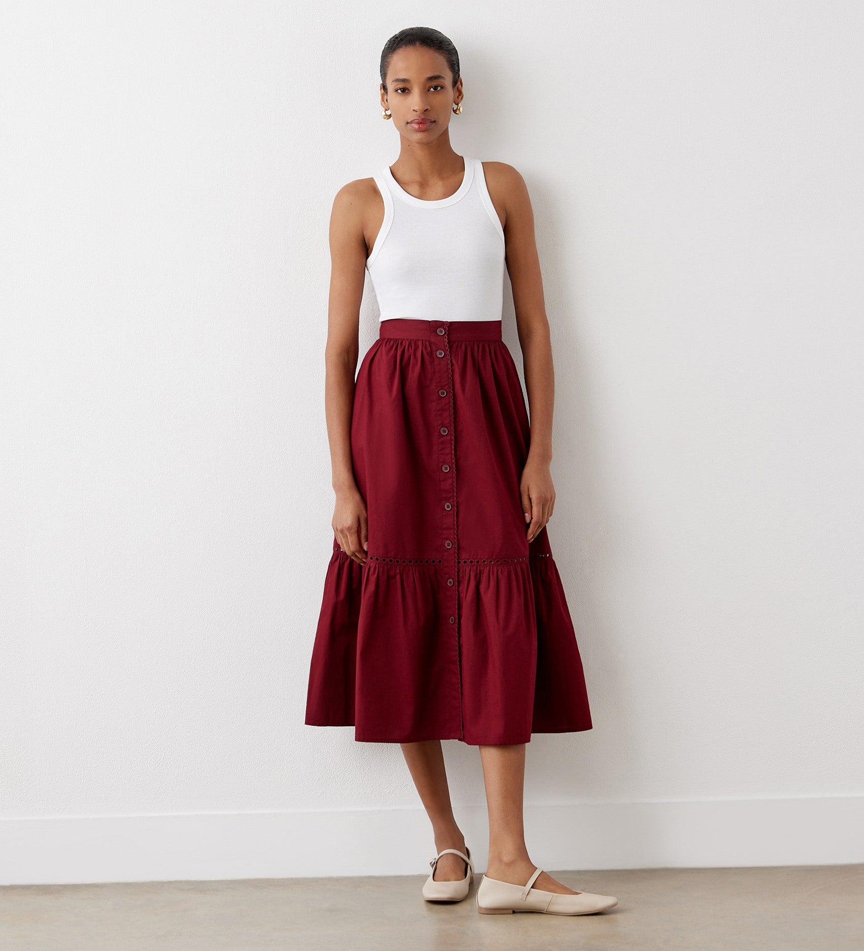 Maura Burgundy Cotton Midi Skirt