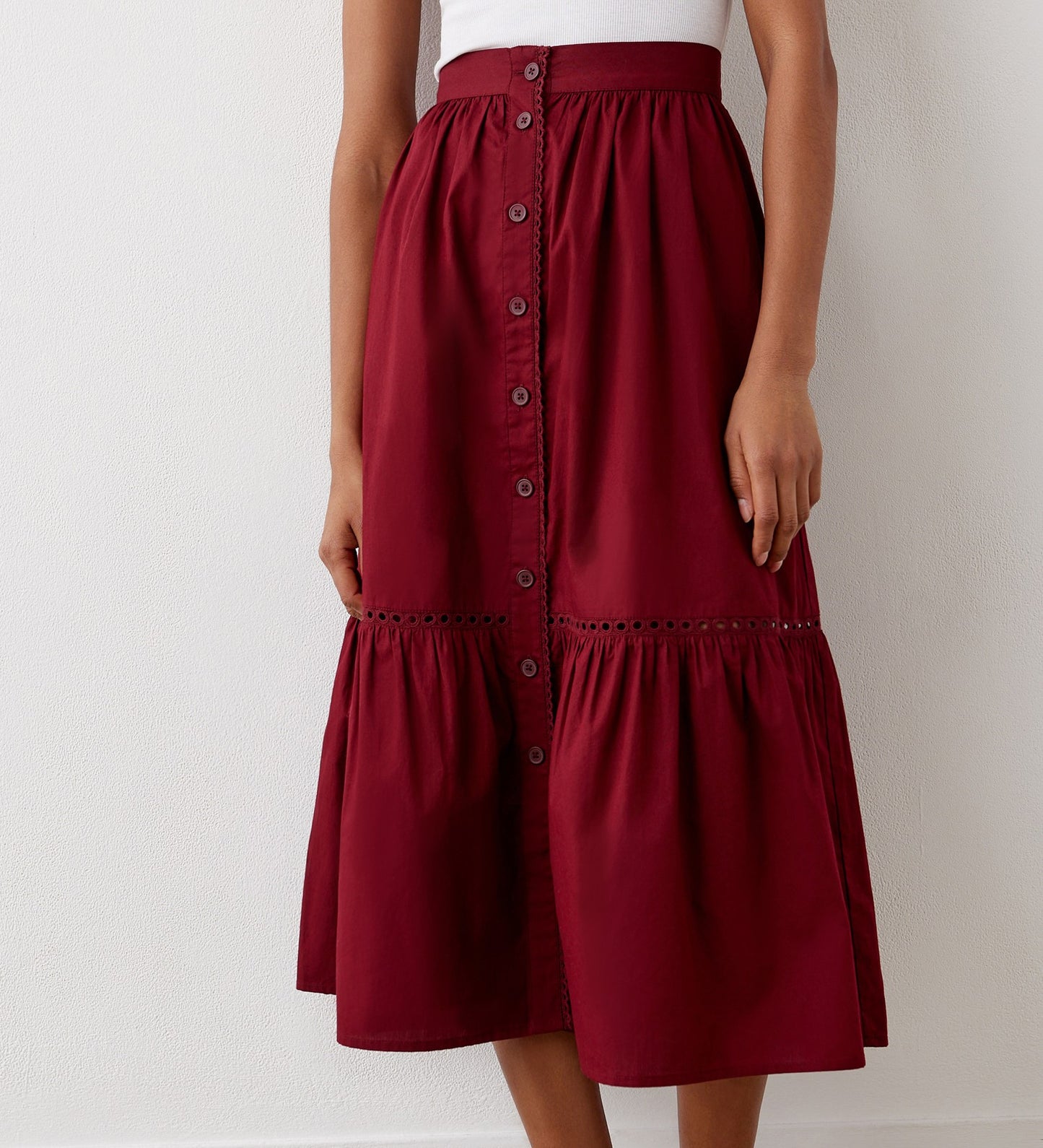 Maura Burgundy Cotton Midi Skirt