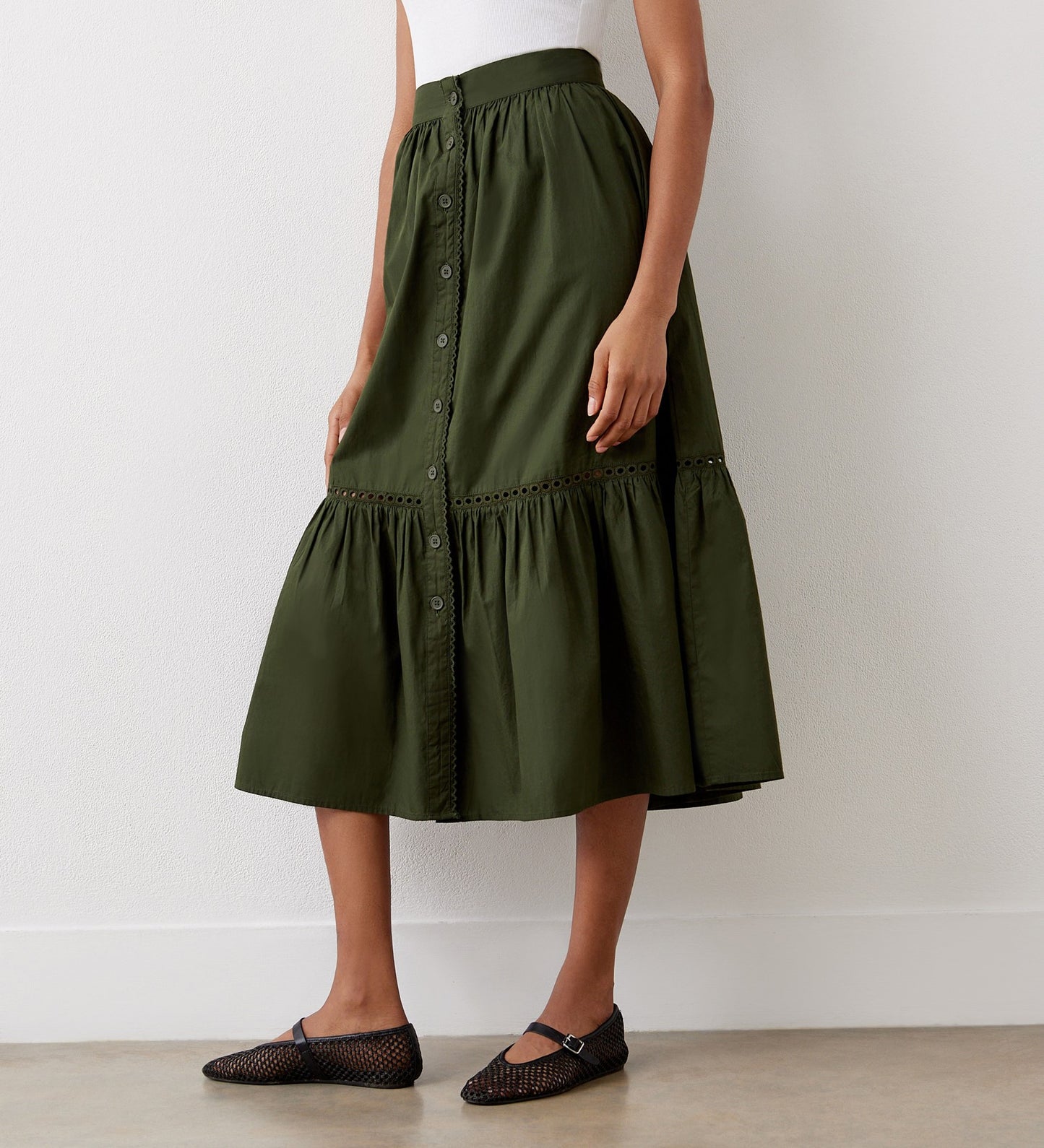 Maura Khaki Cotton Midi Skirt