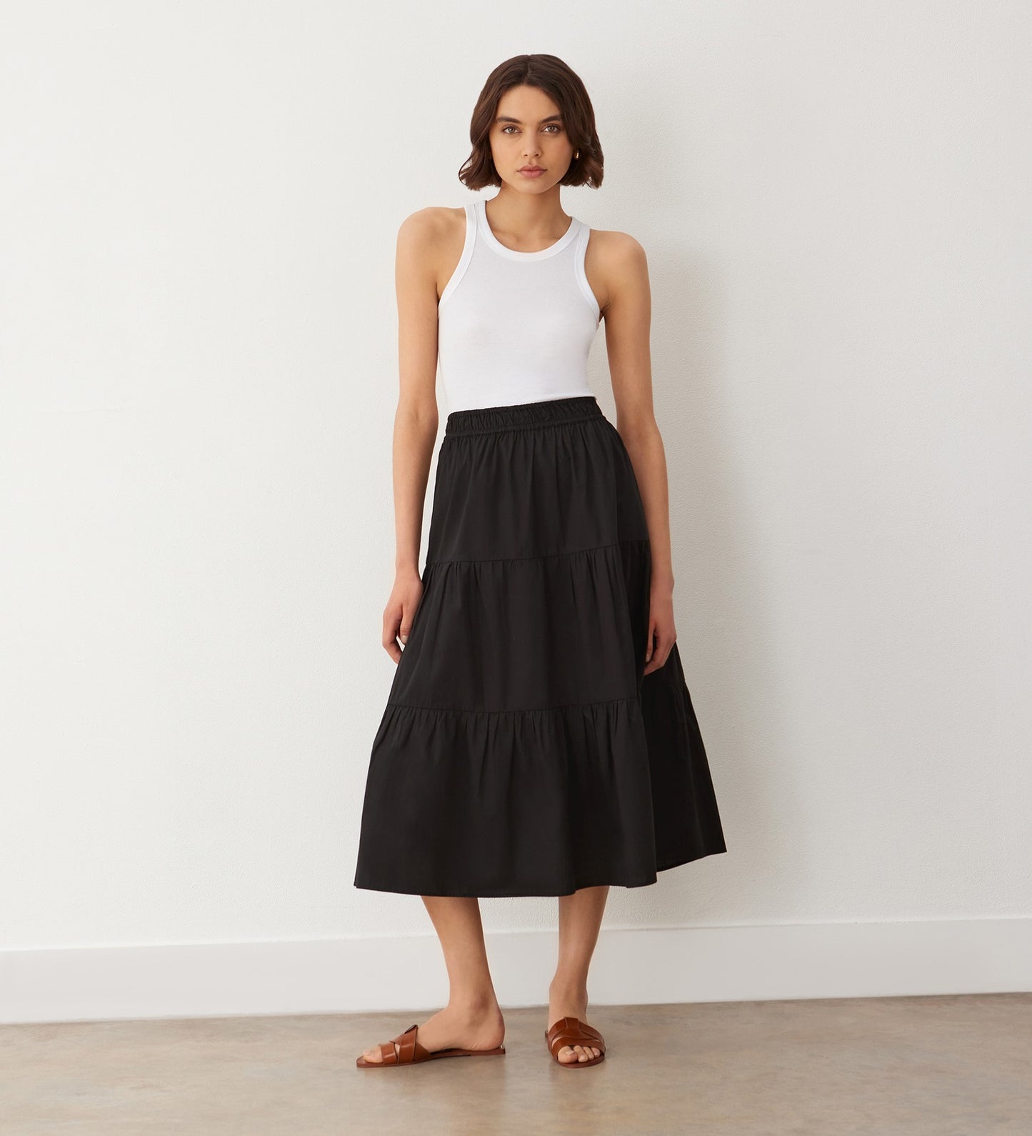 Harleen Black Tiered Cotton Midi Skirt