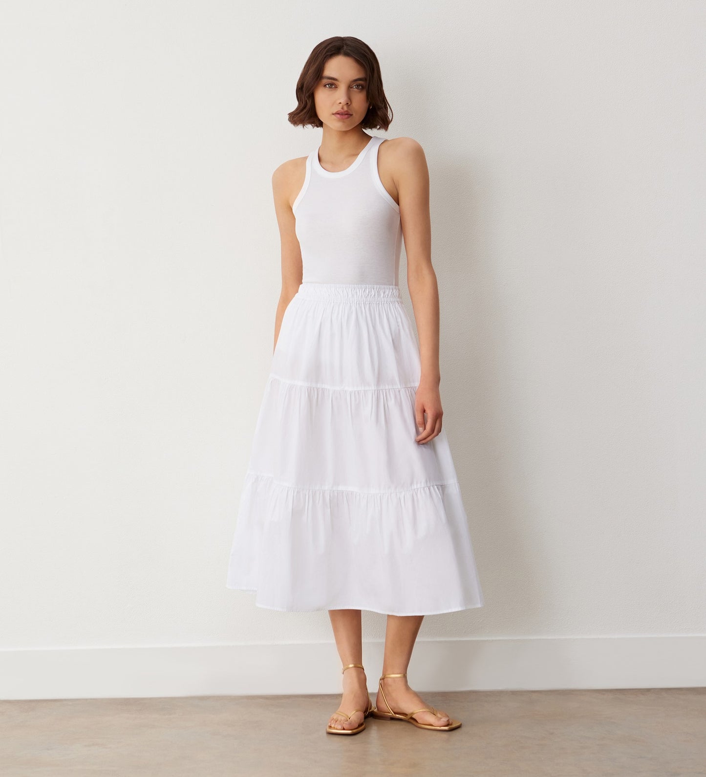 Harleen White Tiered Cotton Midi Skirt