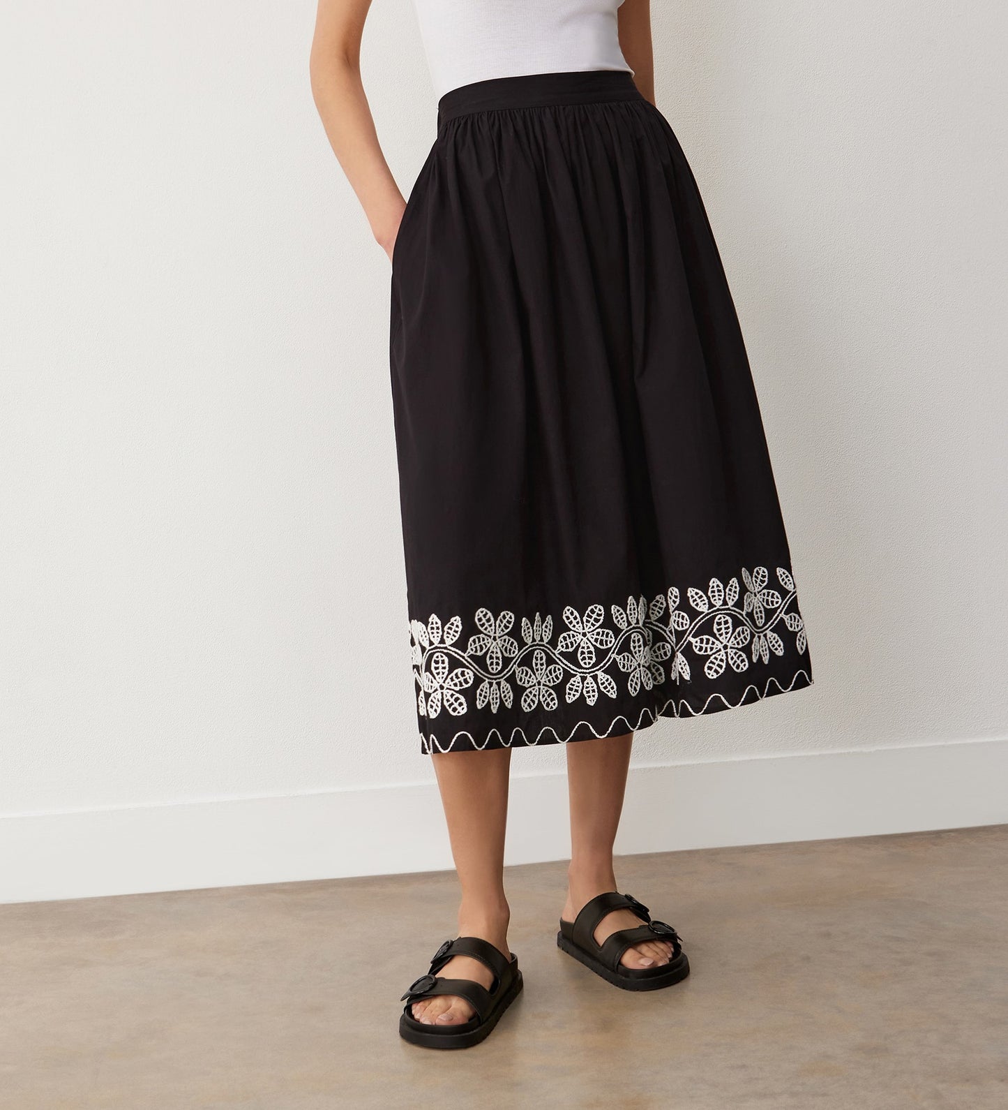 Yolanda Black Cotton Embroidered Midi Skirt