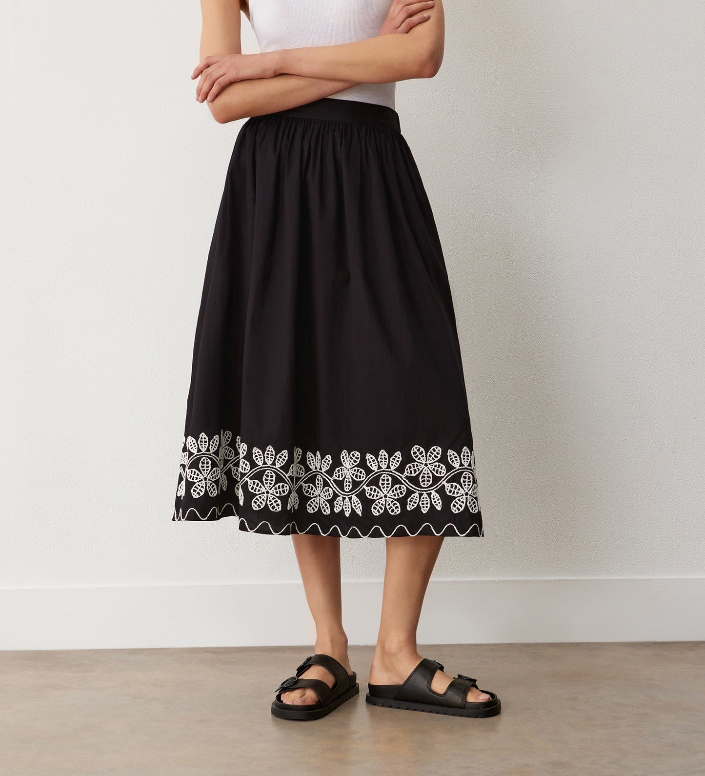 Yolanda Black Cotton Embroidered Midi Skirt