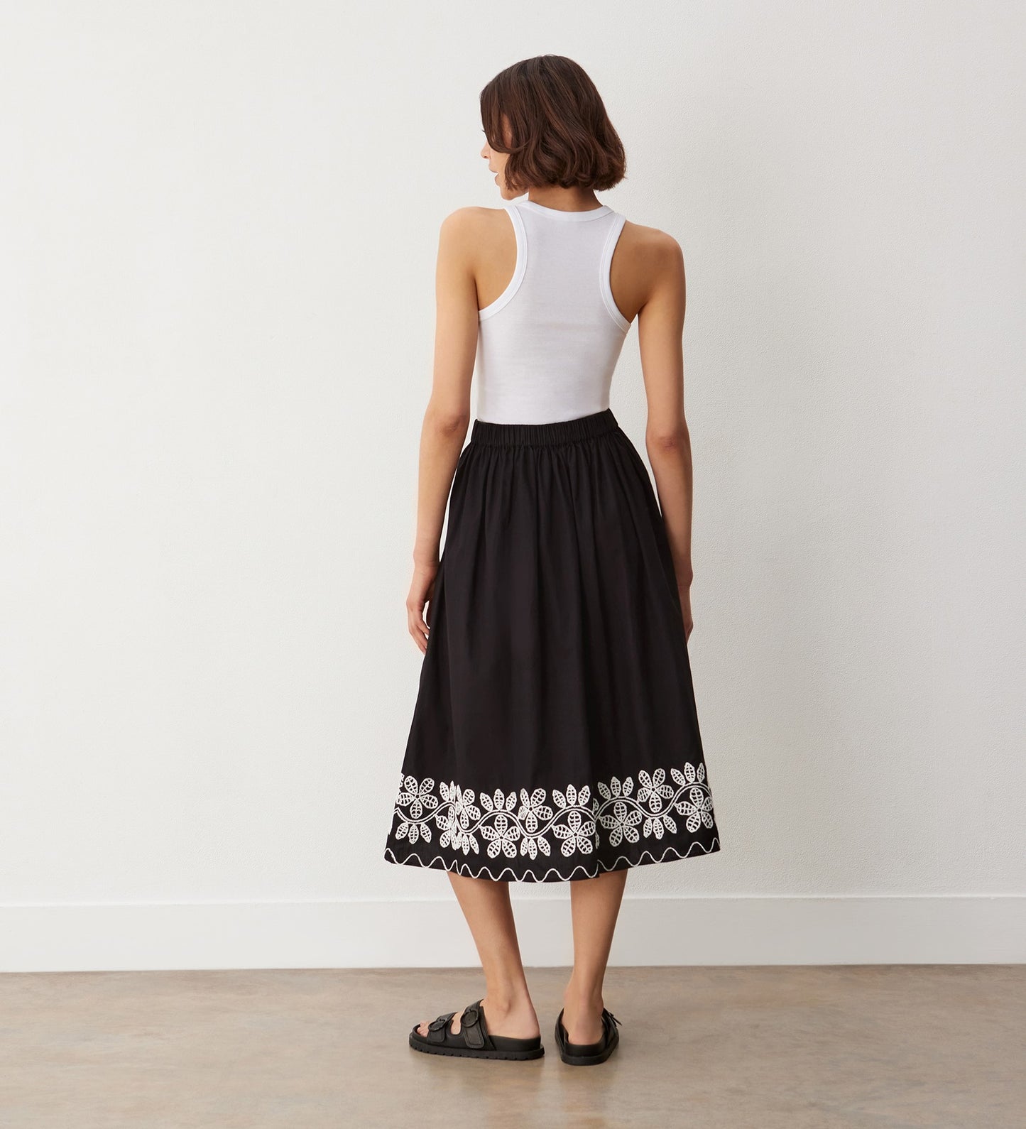 Yolanda Black Cotton Embroidered Midi Skirt