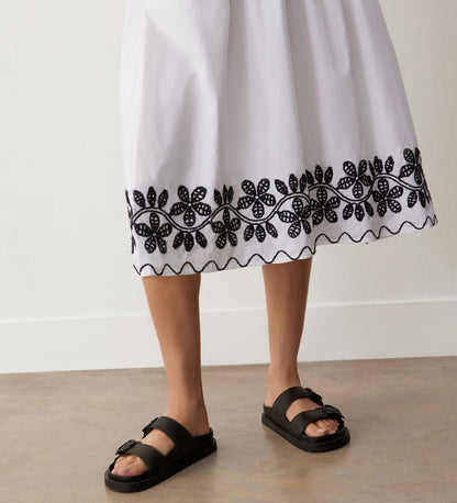 Yolanda White Cotton Embroidered Midi Skirt