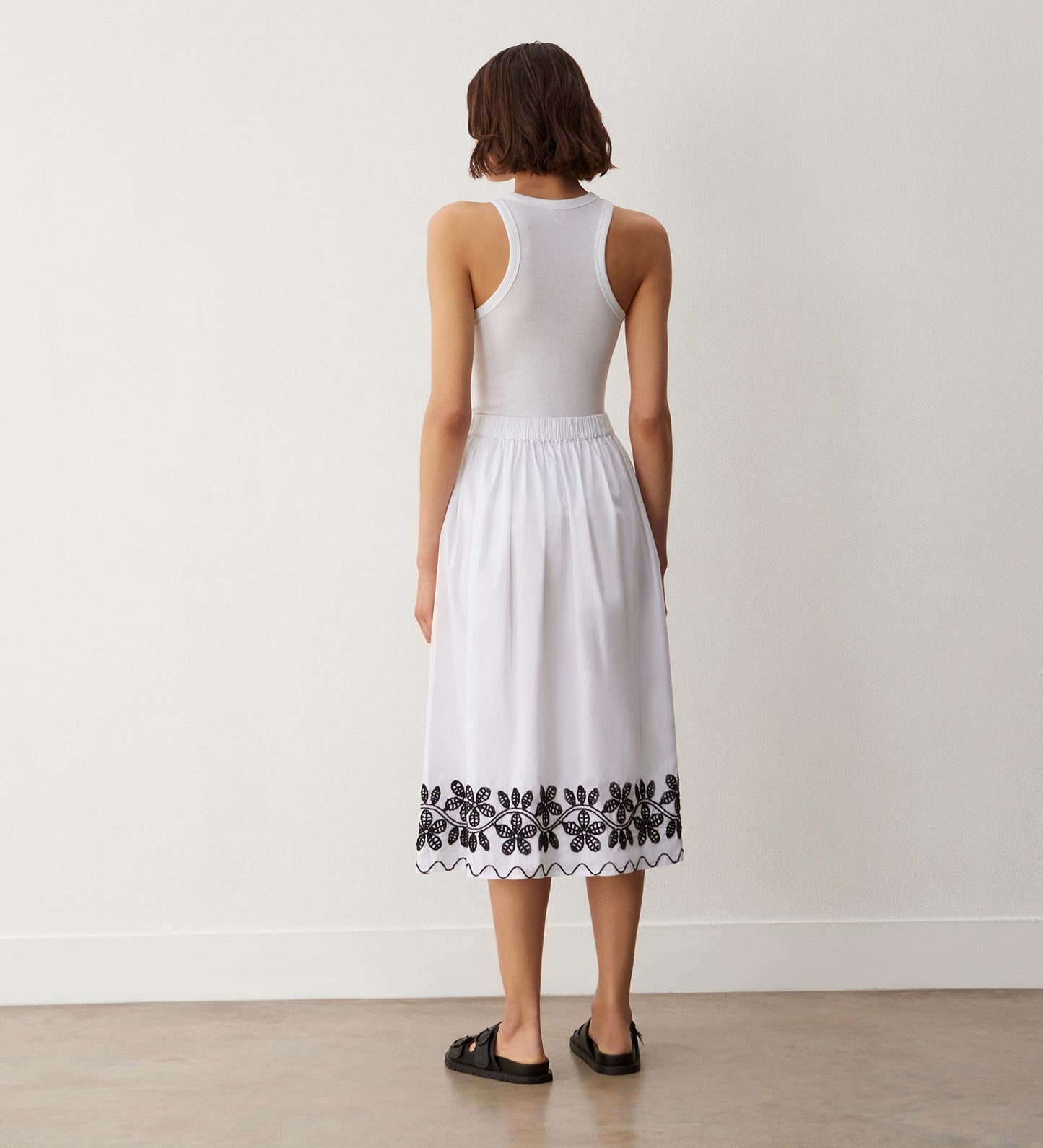 Yolanda White Cotton Embroidered Midi Skirt