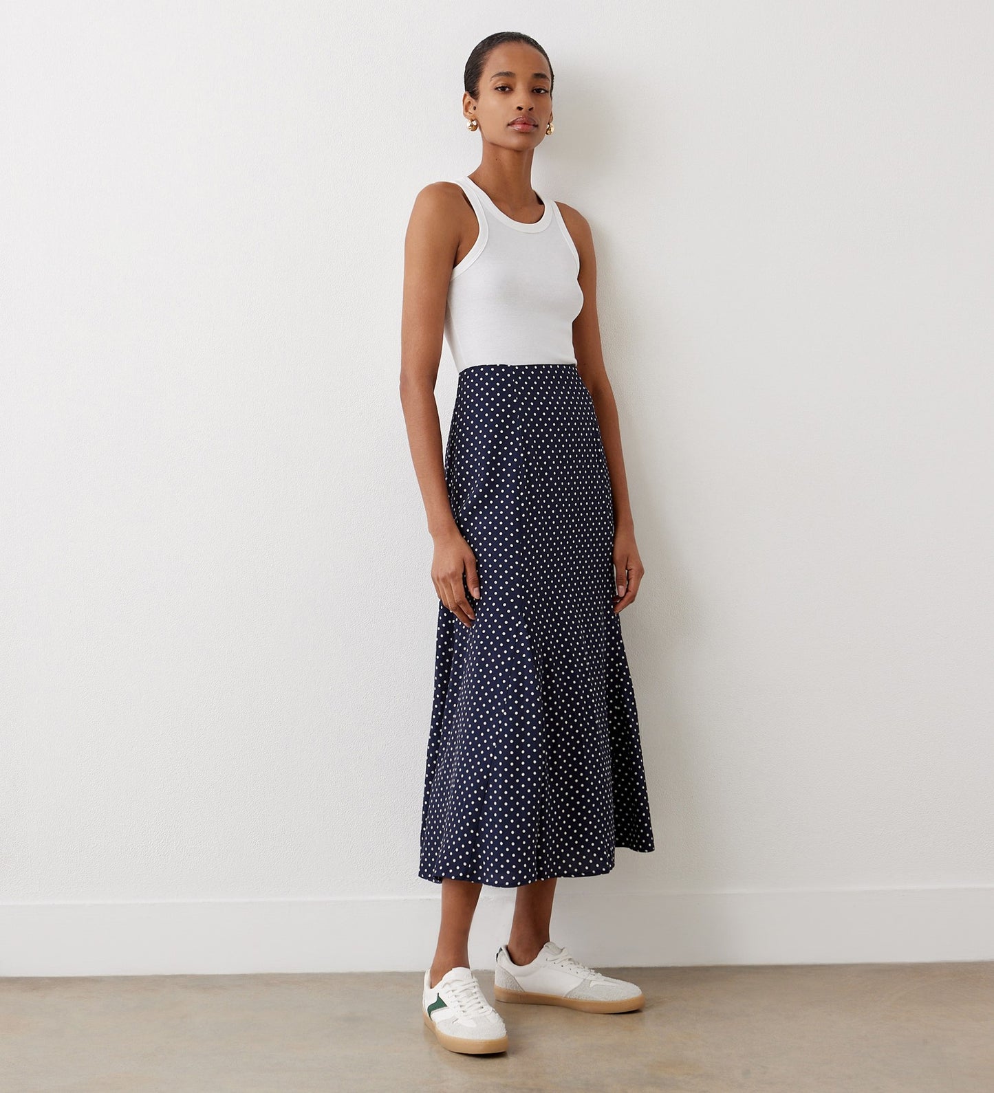 Jessie Navy Spot Crepe Midi Skirt