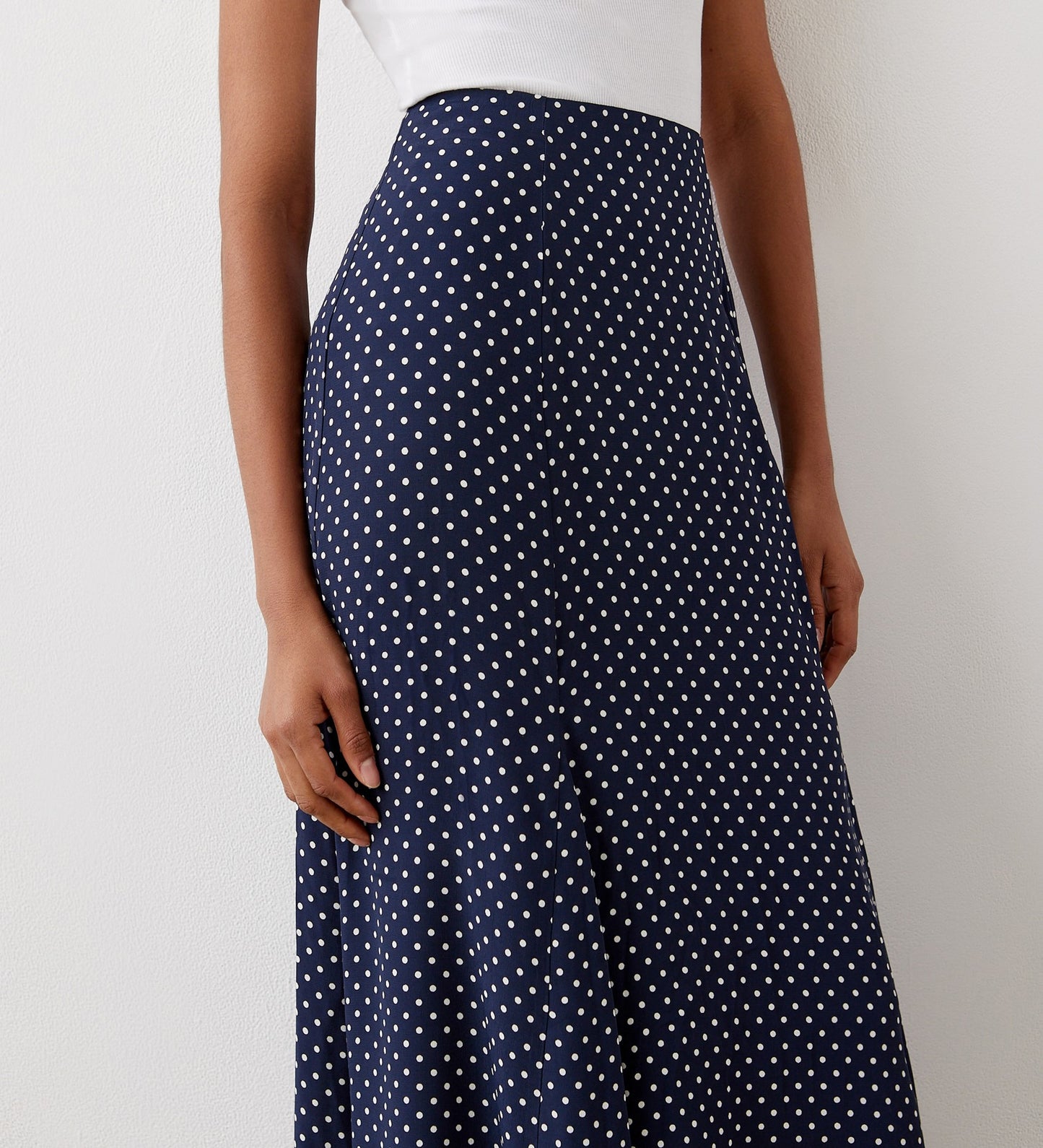 Jessie Navy Spot Crepe Midi Skirt