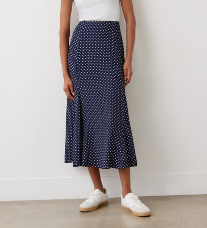 Jessie Navy Spot Crepe Midi Skirt