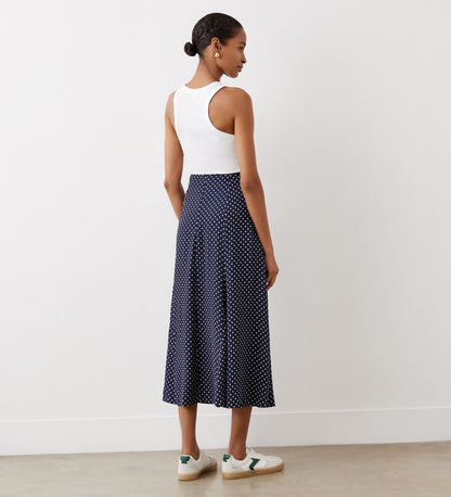 Jessie Navy Spot Crepe Midi Skirt