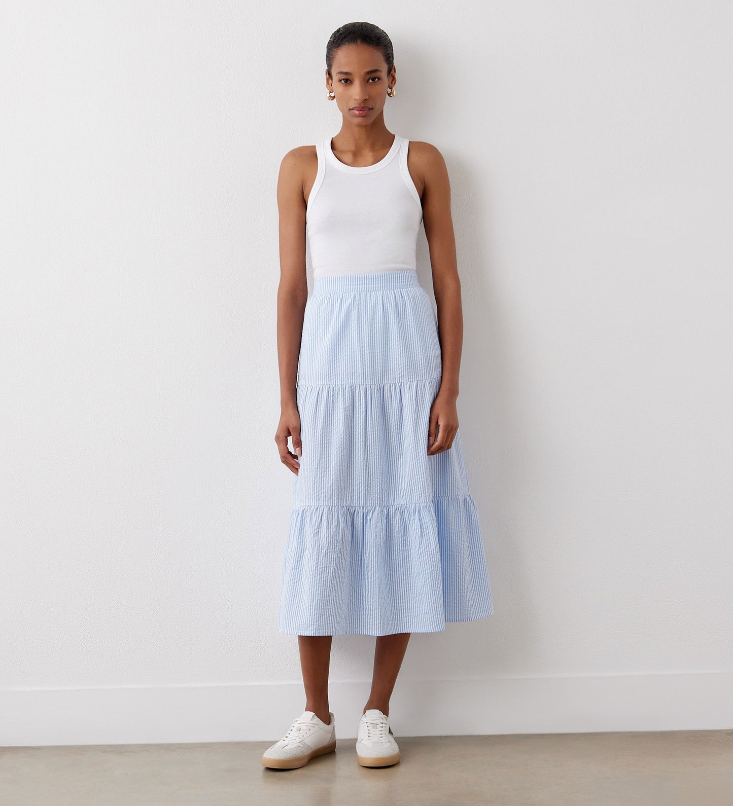 Esha Blue Stripe Tiered Cotton Midi Skirt