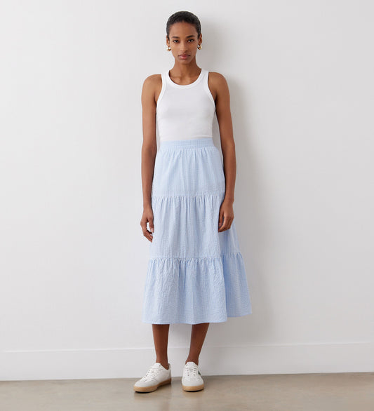 Esha Blue Stripe Tiered Cotton Midi Skirt