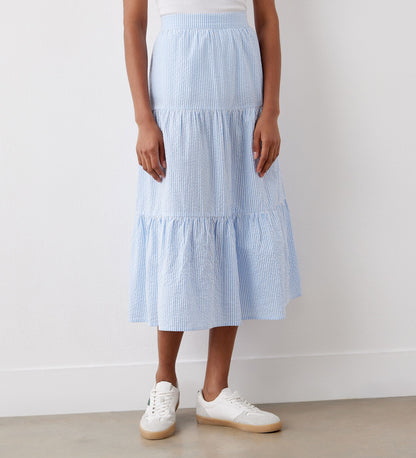 Esha Blue Stripe Tiered Cotton Midi Skirt