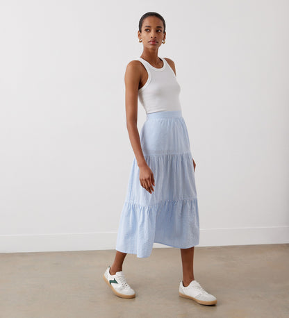 Esha Blue Stripe Tiered Cotton Midi Skirt