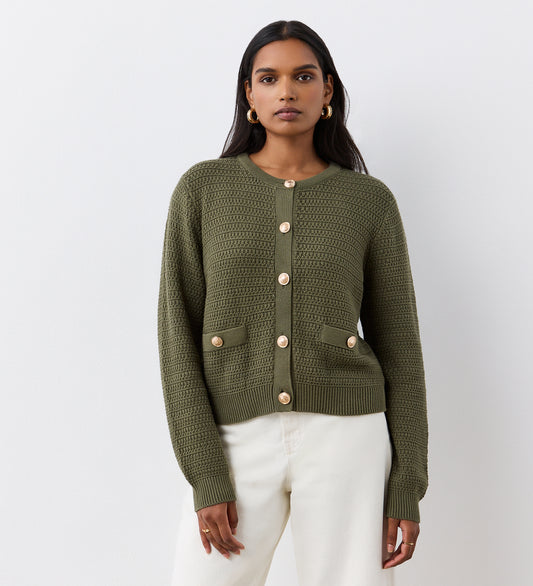 Saskia Khaki Cotton Button Front Cardigan