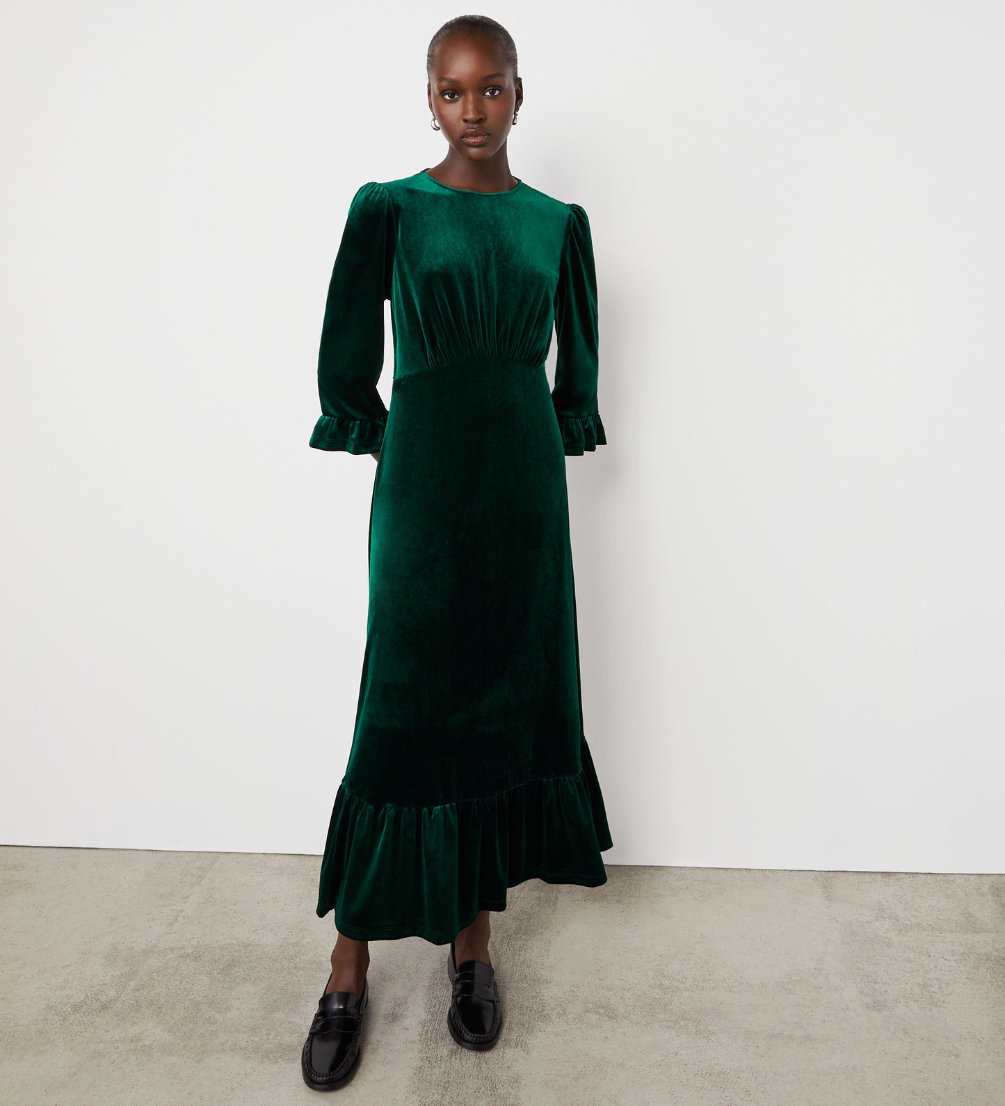 Scarlett Bottle Green Velvet Midi Dress