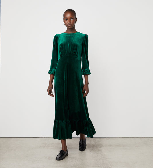 Scarlett Bottle Green Velvet Midi Dress